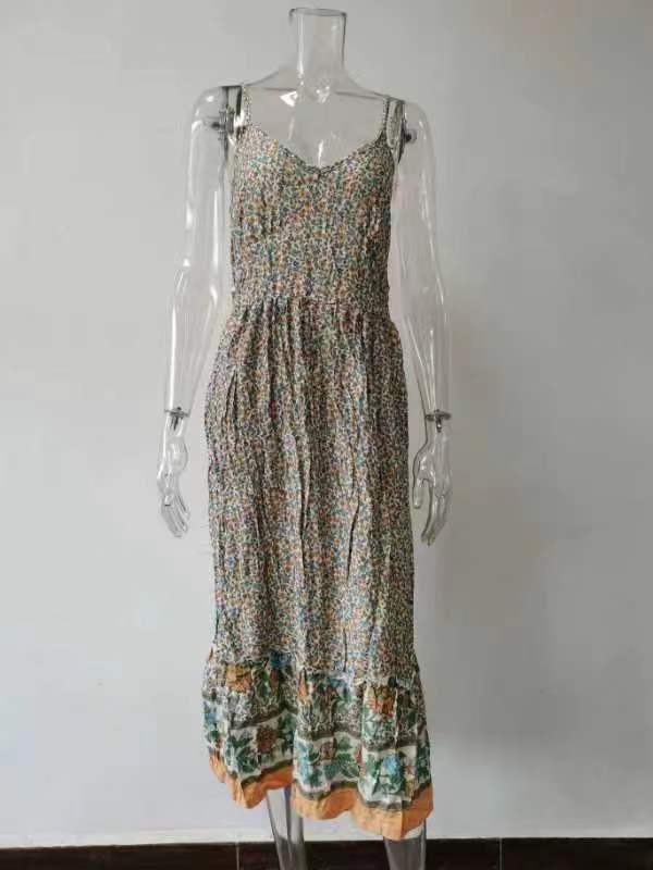 2026 Summer Bohemian V-Neck Floral Spaghetti Strap Maxi Dress for Women