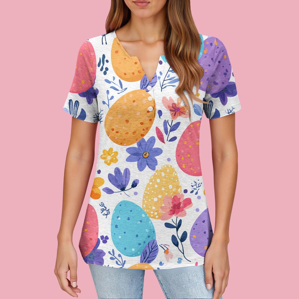 Women's T Shirt Print Button Short Sleeve Daily Weekend Fashion Basic V- Neck Regular Top