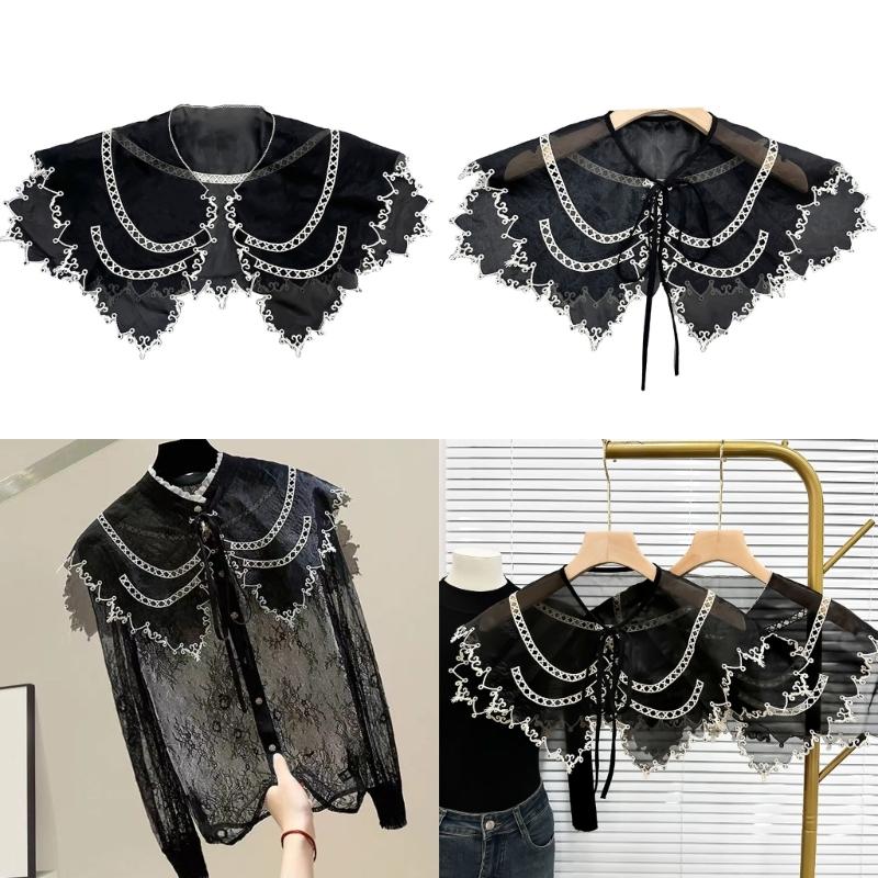 Embroidered Half Shirt False Collar Black Spread Lapel Versatile Art Collar Sweet Shawl False Decorative Shawl