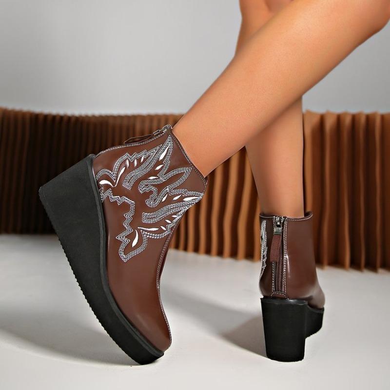 Fashion slope heel thick sole high heel pointed short boots women's embroidered thread pattern women's leather boots