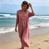 Summer Linen Dress for Women, Casual Beach A-Line Flowy Sundress, Short Sleeve V Neck Hollow Eyelets Long Dress
