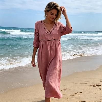 Sommer-Leinenkleid für Damen, Lässiges A-Linien Strand-Fließendes Sommerkleid, Kurzarm V-Ausschnitt Durchbrochene Ösen Langes Kleid