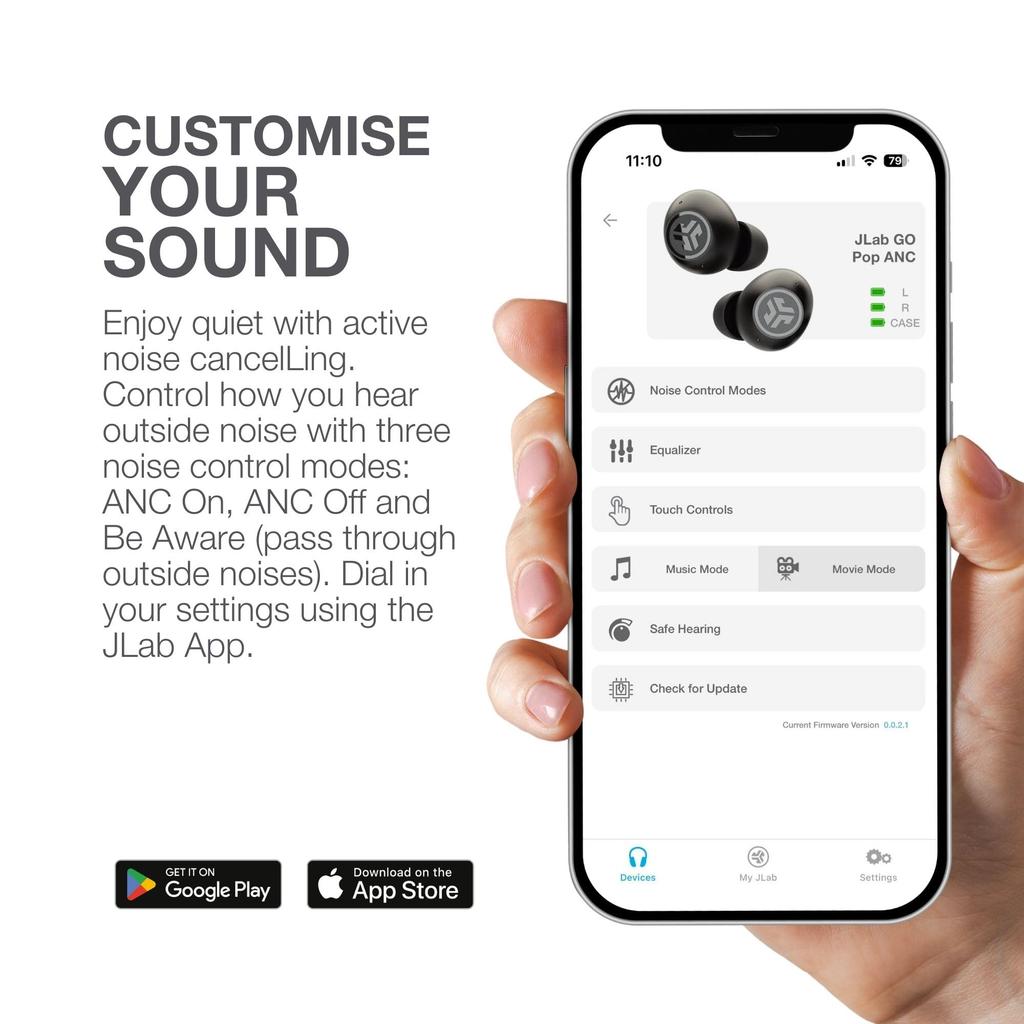 JLab Go Pop ANC Clear Bright Green Wireless Earbuds, Skeleton Color, Clear Bright Green, IP55 Dustproof and Water-Resistant, Active Noise Cancelling,