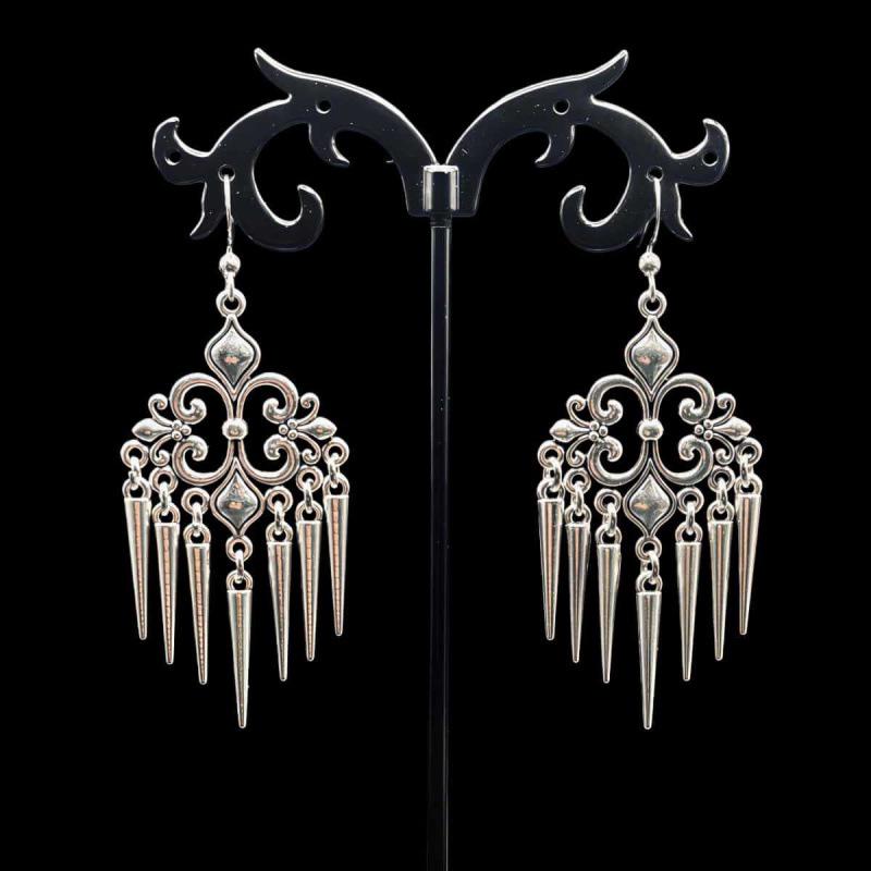 Gothic Silver Flower Filigree Pointed Earrings