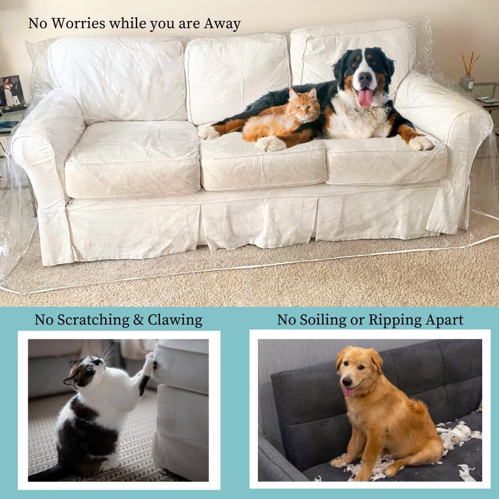 Clear Vinyl Couch Cover Waterproof 1/1/1 Seat Sofa Protector Heavy-Duty Vinyl Protects Sofas from Pet Claws, Stains, Dust, Spill