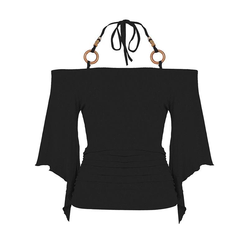 European and American Women's Clothing Guzao Sexy Wooden Bead Halterneck off-Shoulder Batwing Sleeve Tops Retro Waist-Controlled Slim Looking T-shirt