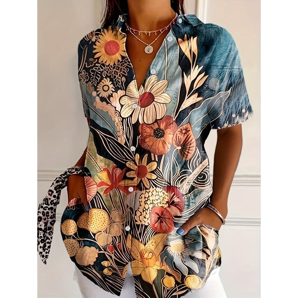 Plus Size, Women s Plus Size Casual Fashion Tropical Floral Art Print Button-Up Short Sleeve Vacation Open Collar Lapel Shirt S