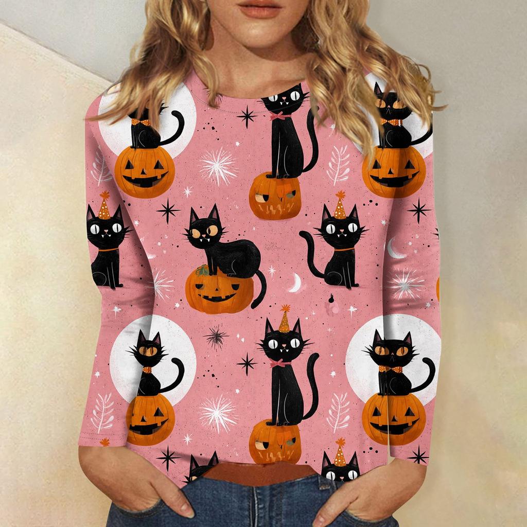 Women's long-sleeved loose-necked Halloween print casual top , suitable for holiday parties