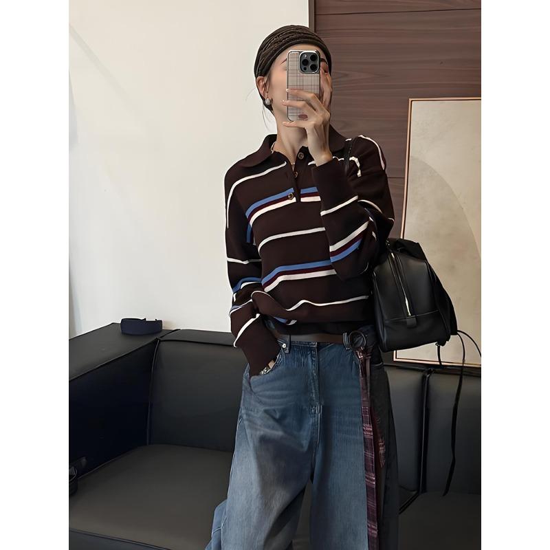 Premium contrasting striped knitted sweater temperament polo collar niche sweater women's autumn and winter new retro long-sleeved top