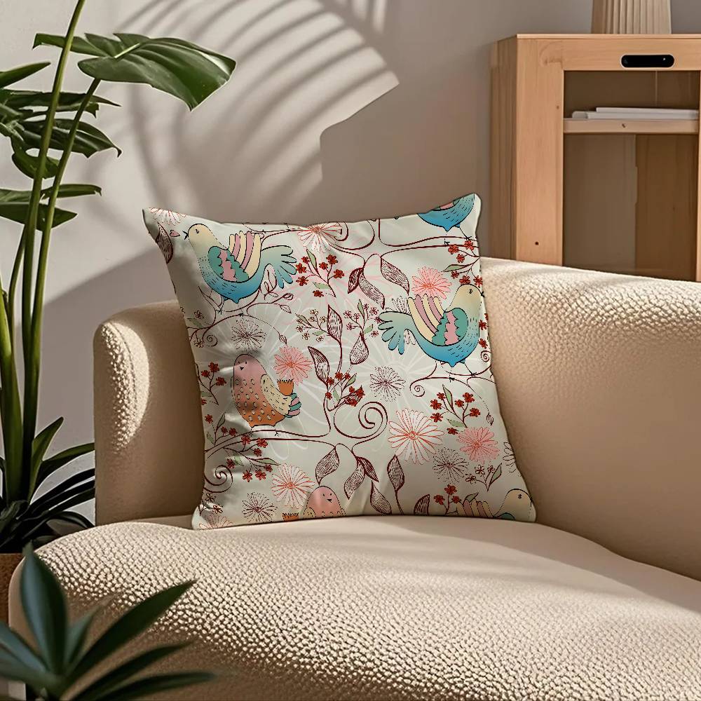 Birds Butterflies Flowers Pillow Case Comfort Sofa Bed Silky Elegant Invisible Zipper Custom Decorative Cushion Cover