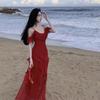 French Retro Red Spaghetti Strap Ruffle Dress - Women's Summer Beach Vacation Elegance
