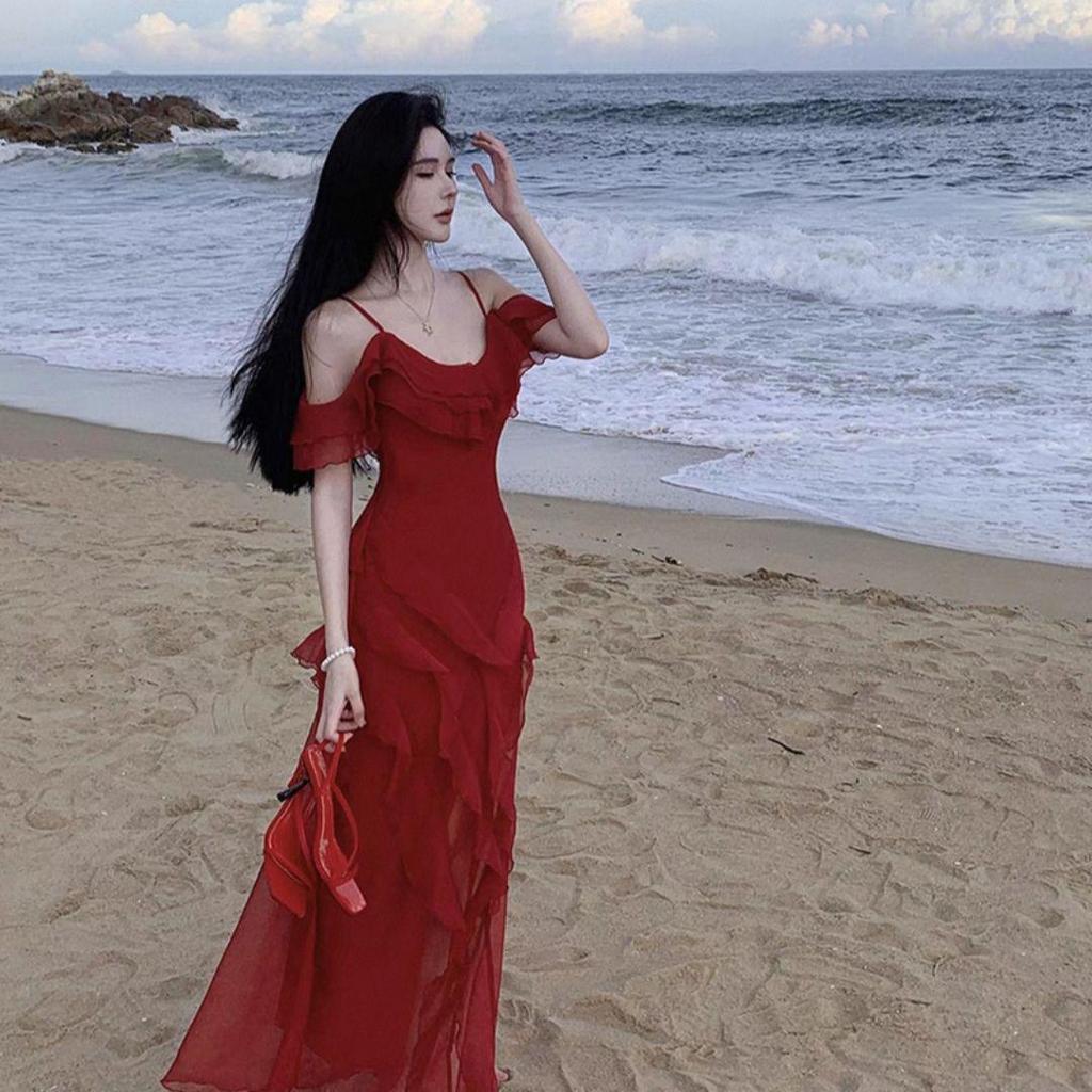 French Retro Red Spaghetti Strap Ruffle Dress - Women's Summer Beach Vacation Elegance