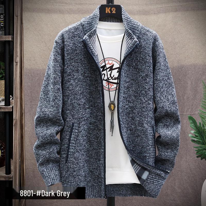 Men's Fleece-Lined Sweater Jacket: Autumn/Winter Casual Knitted Cardigan, Plus Size, Solid Color, Stand-Up Collar.