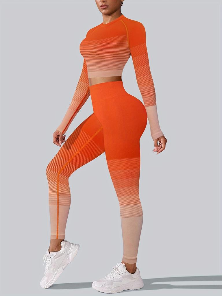 Orangefarbenes Sportset mit Farbverlauf: Langarm und Hose für Laufen, Fitness und Yoga