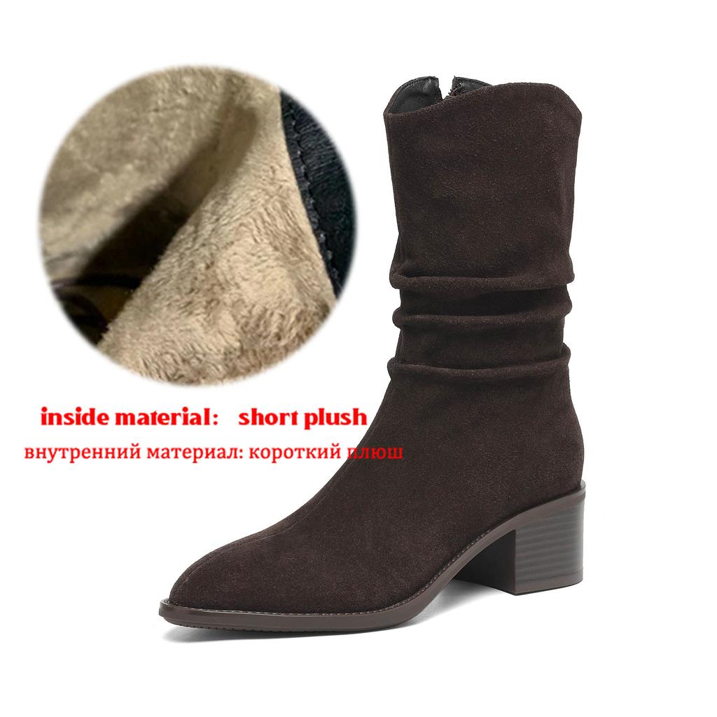 Krazing Pot Cow Suede Nubuck Round Toe Thick Heels Western Boots Size 42 Slip on Women Pleated Decoration Mid-calf Boots