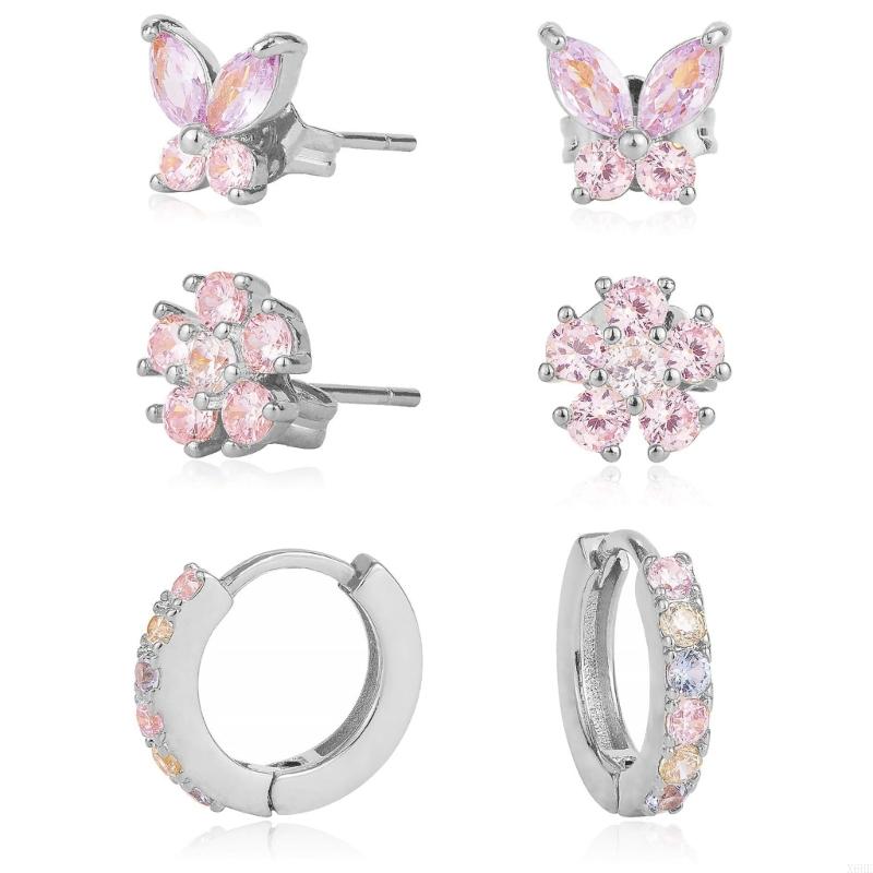 6PCS Stainless Steel Zircon Flower Pendant Hoop Earrings Set for Women Simple Butterfly Cartilage Earring Piercing Jewelry