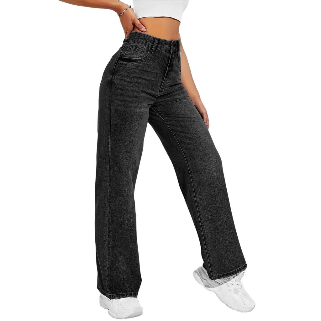 Damen Jeans mit hoher Taille und gewaschener Optik, modische, vielseitige Hose mit geradem Bein
