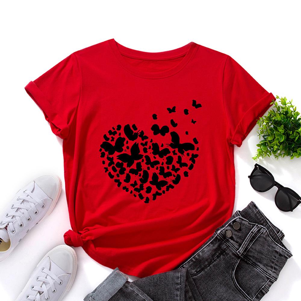 Baumwoll-T-Shirt Kurzarm Rundhals Damen 2D-Druck Tops