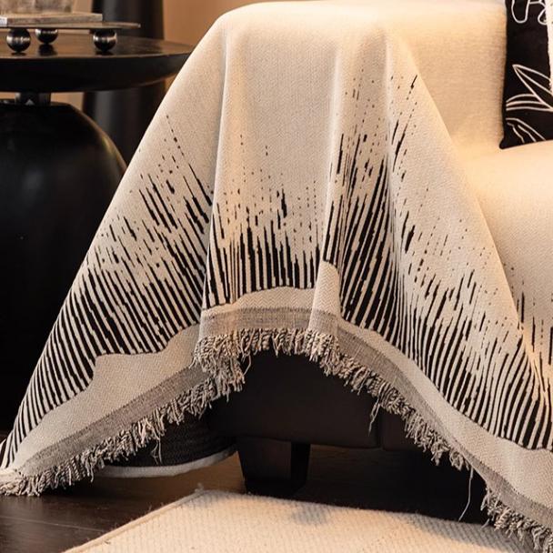 Vintage Chenille Sofa Throw Cover, Reversible Elegant Beige & White Pattern, Tassels Detail, Fits Armchairs To 4-Seater Sofas Couch Covers Reversible