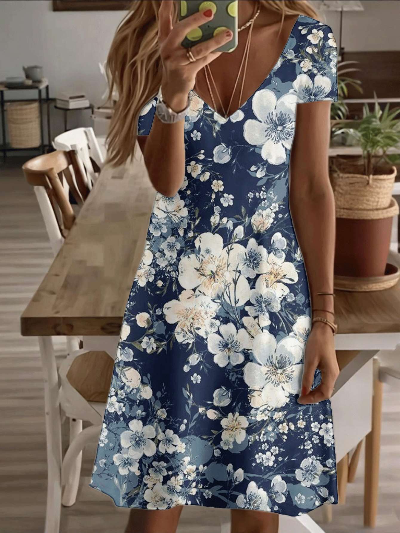 

Vneck shortsleeve midi dress for women navy blue floral print pattern 3D premium printing durable fabric casual and fashionable summer outfit for XS дубильная кора