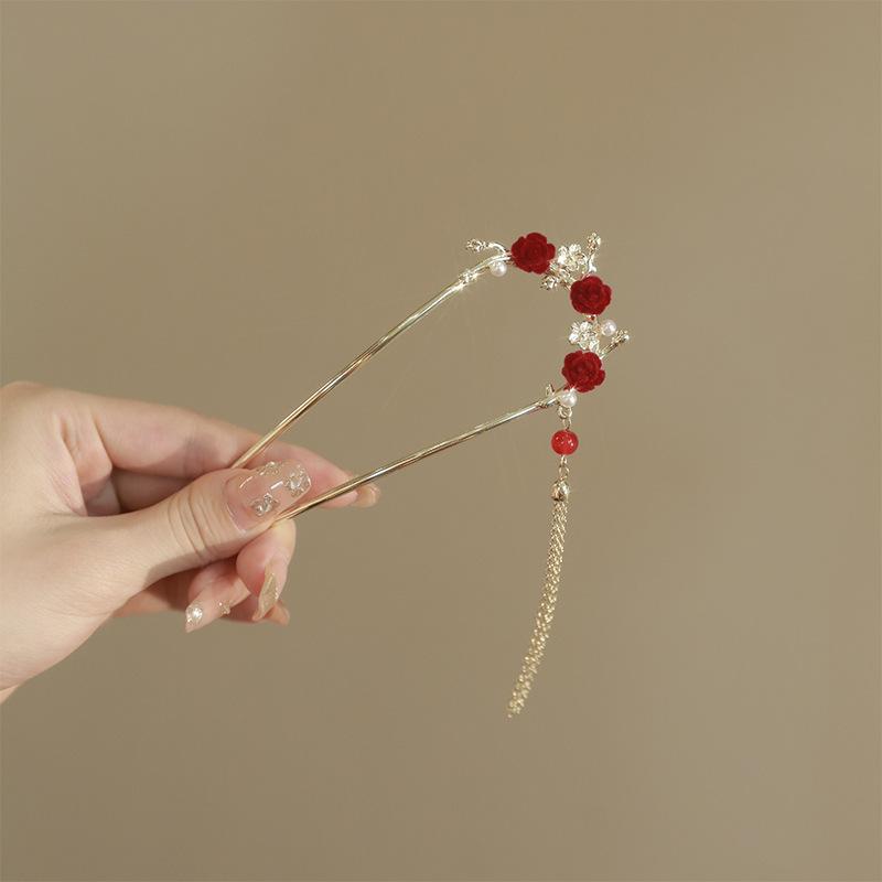 Vintage Chinese Style Rose Hairpin For Women Red Flower Element Tassel Hair Stick Elegant Exquisite Handmade Hair Accessories