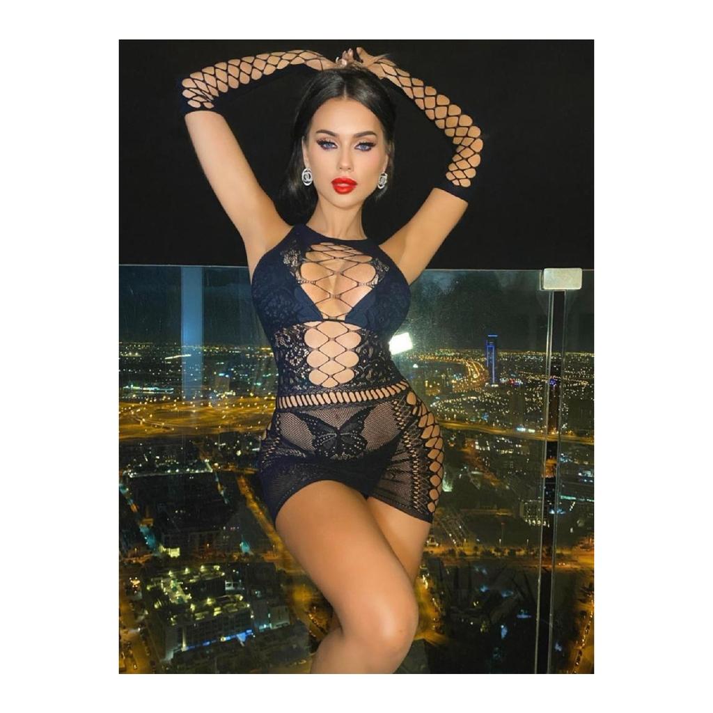 Women's Red Mini Dress With Gloves Fantasy Nightgown Set