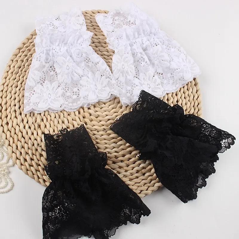 2pairs Mesh Lace Sweater Decorative Sleeves Women Black White Ruffles Elbow Mittens Cuff Detachable Wedding Dress Fake Sleeves