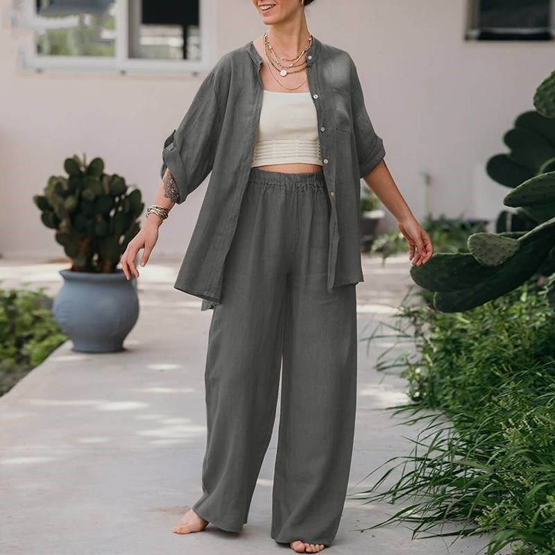 Womens Piece Set Vintage Plus Size Cotton Linen Shirt Set L