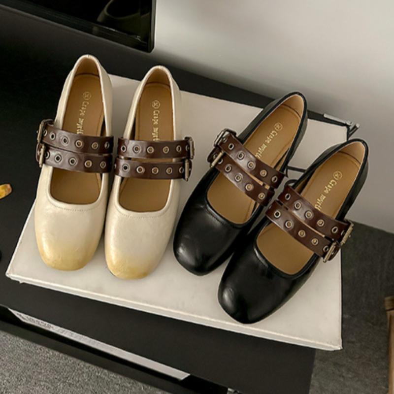 Black French Double-strap Mary Jane Flat Shoes with Built-in Height Increase and Soft Leather for Pregnant Women