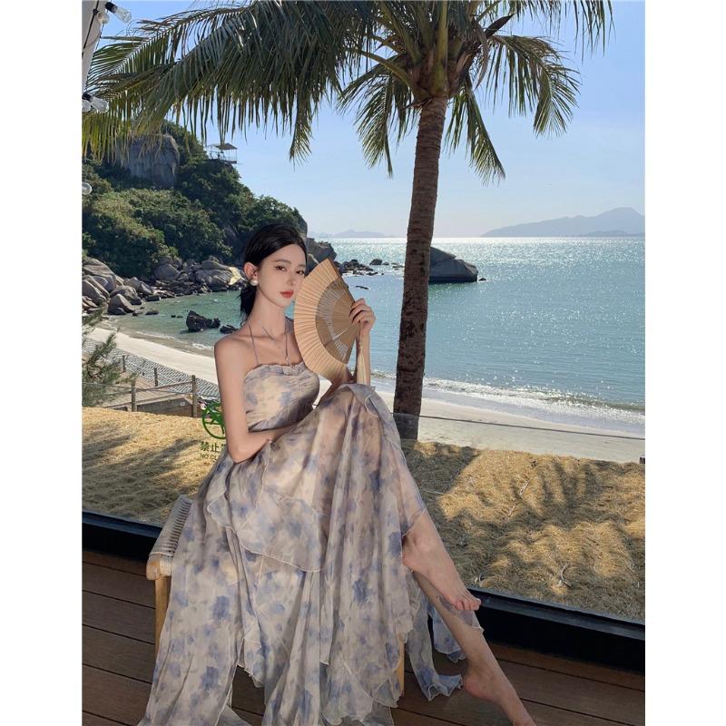 Women's Summer Floral Hanging Neck Waisted Backless Sleeveless Big Swing Loose Dresses