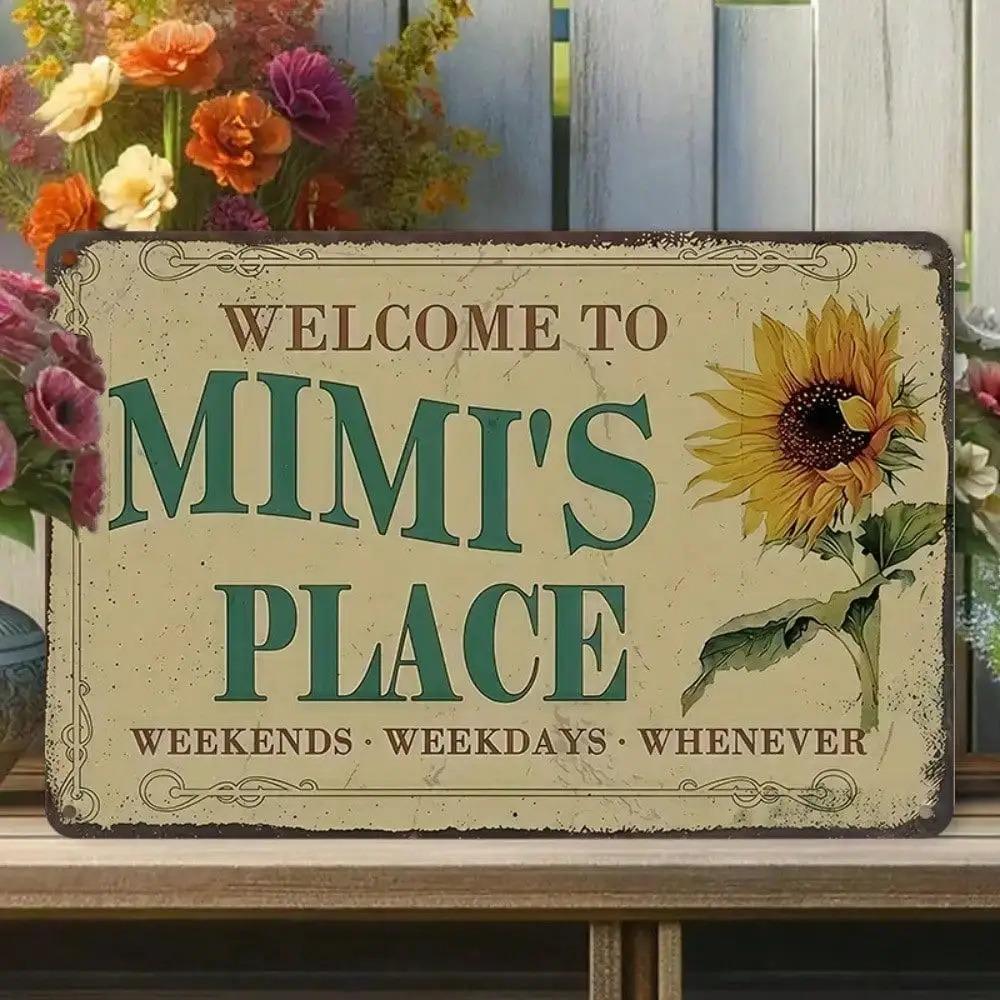 Vintage Welcome To Mimis Place Metal Tin Sign 20x30cm Rustic Floral Entryway Decor