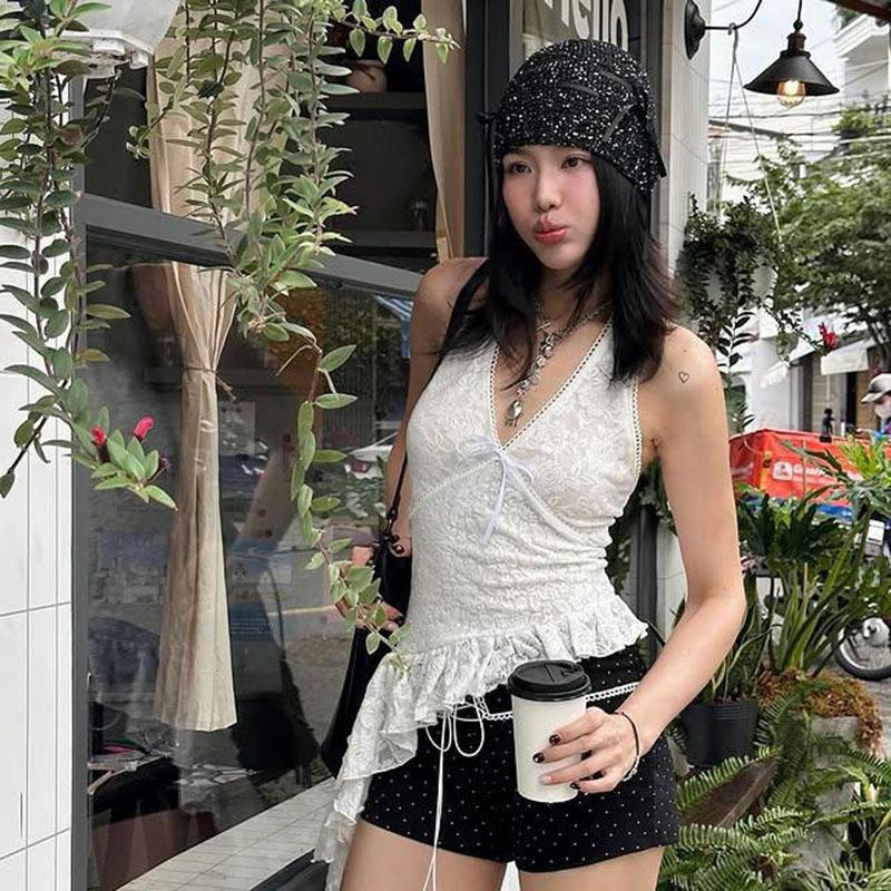 Asymmetrical Ruffled Backless Halter Top