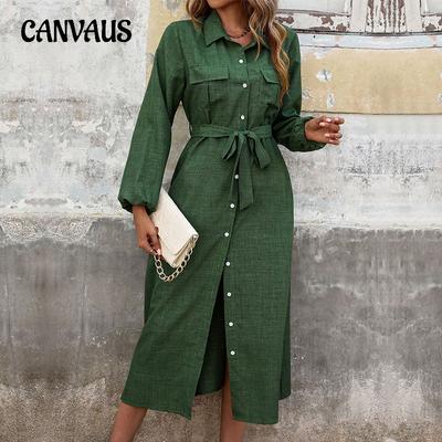 Vestido de mujer de primavera y otoño con solapa cruzada, manga larga, color verde, liso