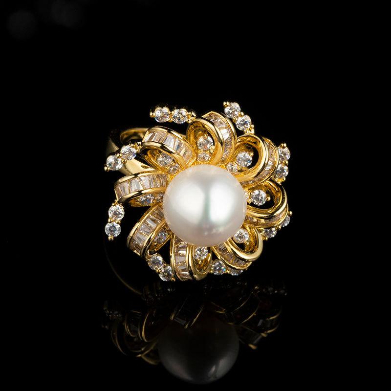 Douyin Same Incense Grandma Baroque Ring Women's Natural Pearl Copper Micro-inlaid Zircon Ring Decoration High Sense