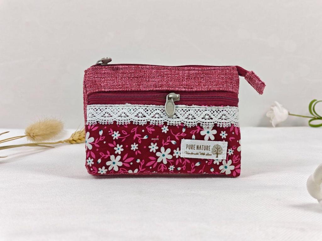 Handmade Countryside Fabric Double Zipper Coin Purse & Key Holder for Women