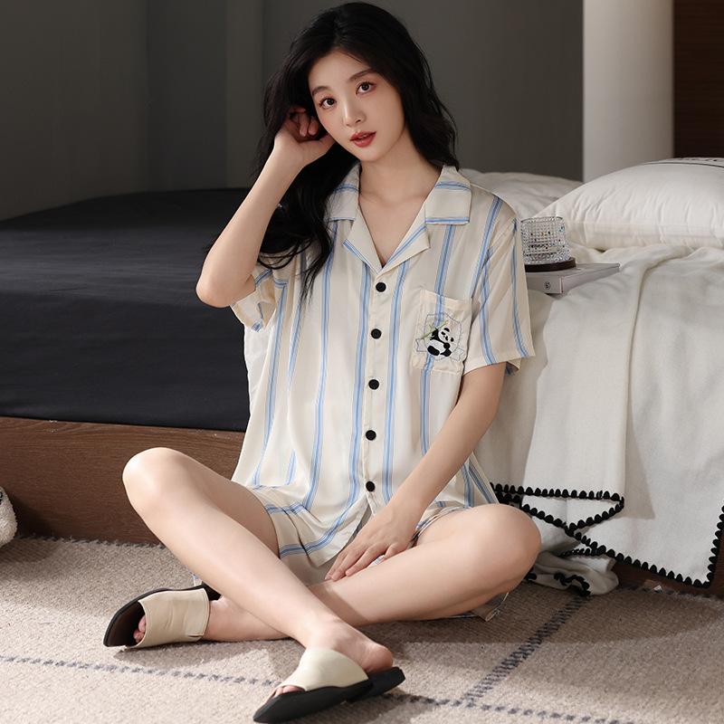 Premium Pajamas Women's Summer Ice Silk Short Sleeves Fat Mm Ice and Snow Silk Simulation Silk Suit New Chinese National Style