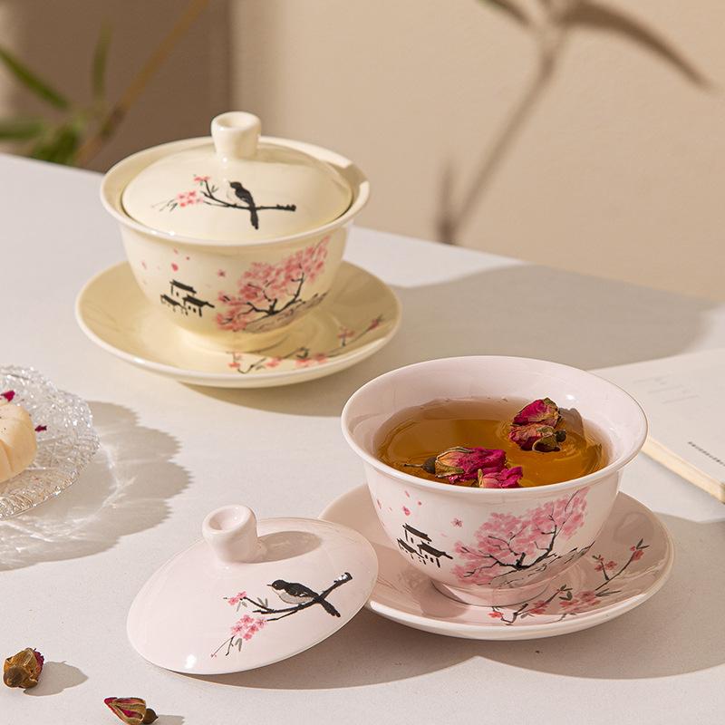Peach Blossom Cover Bowl Kung Fu Tea Cover Bowl Tea Office Tea Cup Ceramic Single Flower Tea Bowl Gift Souvenir