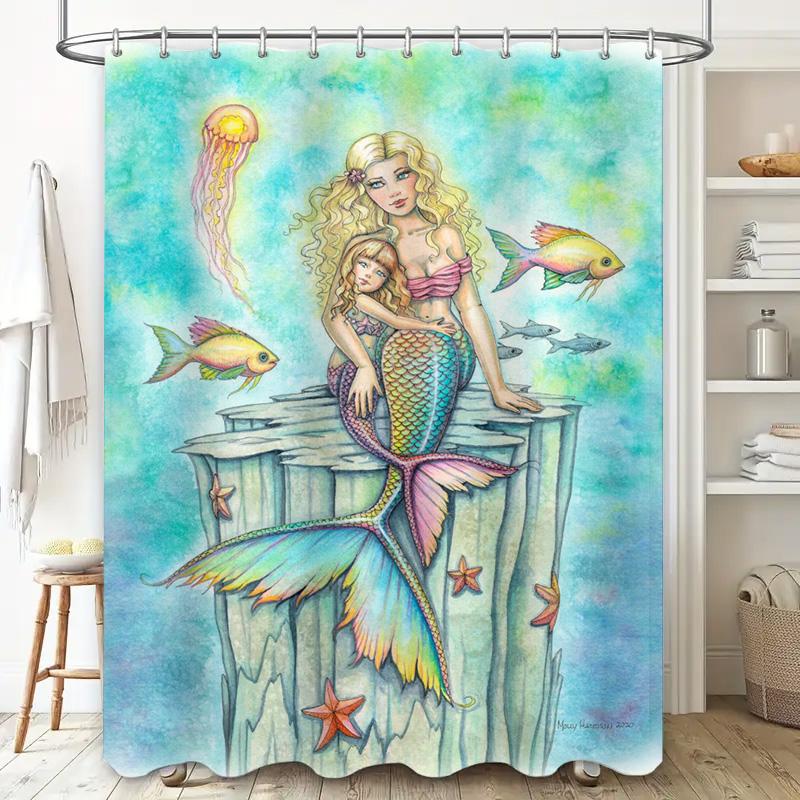 Underwater Mermaid Family Shower Curtain Watercolor Artistic Print Home Decor Waterproof Bath Liner for Bathroom Decoration T376