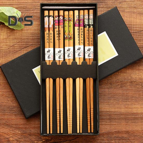 Anti-Rutsch 5 Paar Essstäbchen, gratfrei, lebensmittelecht, guter Halt, antihaftbeschichtet, Essen, 6 Stile, Blumenmuster, Bambus-Essstäbchen