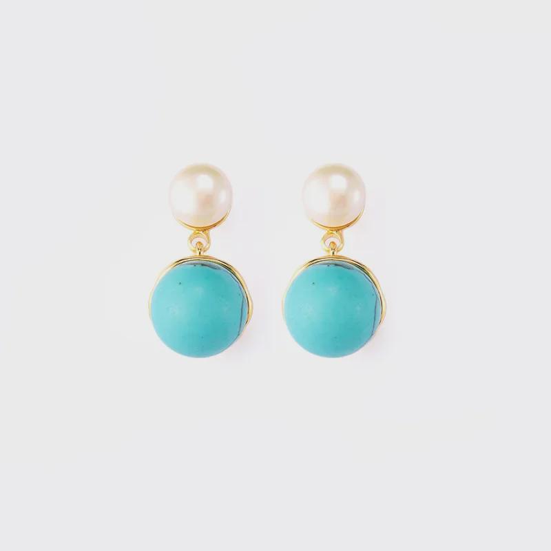 Sterling Silver Freshwater Pearl and Turquoise Retro Earrings - Unique Autumn/Winter Design