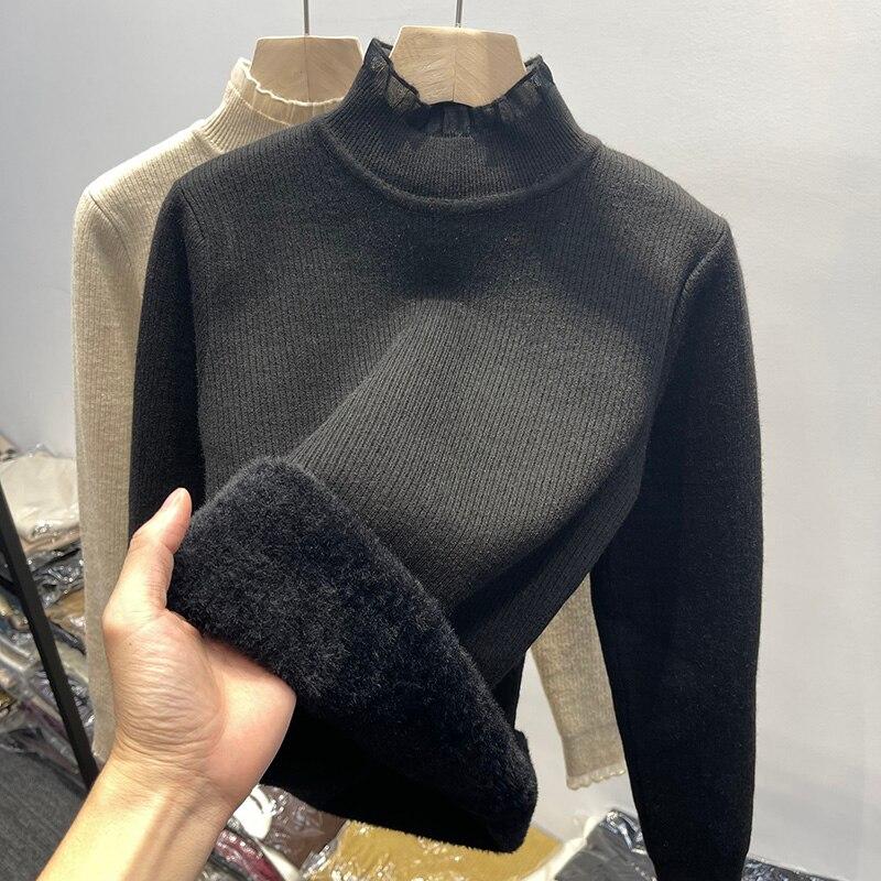 Winter Elegante Half Hoge Kraag Dikker Warme Trui Vrouwen Herfst Mode Zoete Kant Rand Fluwelen Gebreide Losse Truien 29261