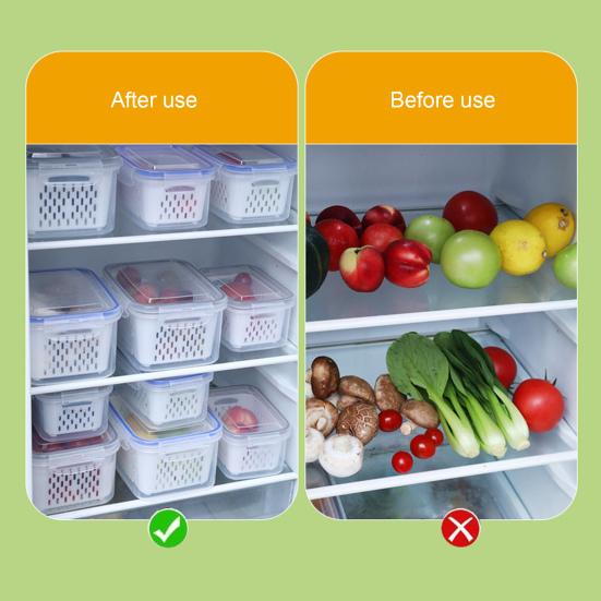 4-In-1 Fruit Vegetable Storage Container with Removable Filter Leak-Proof Airtight PP Storage Box for Washing Draining Stackable Food Organizer