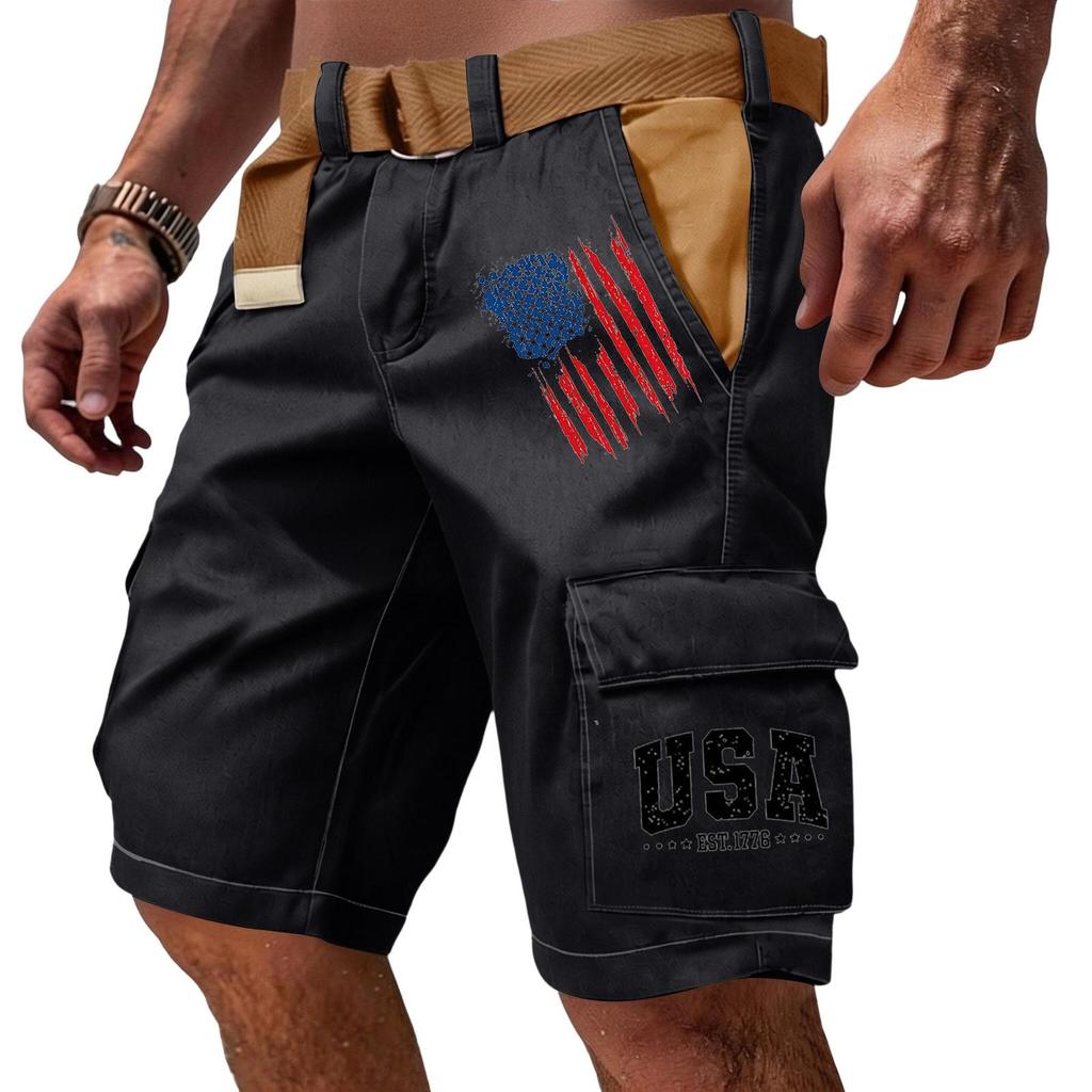 Men's Casual Multi Pocket Cargo Shorts with Flag and Letter Print Design Functional Workwear Shorts Without Belt Suitable for Outdoor Activities