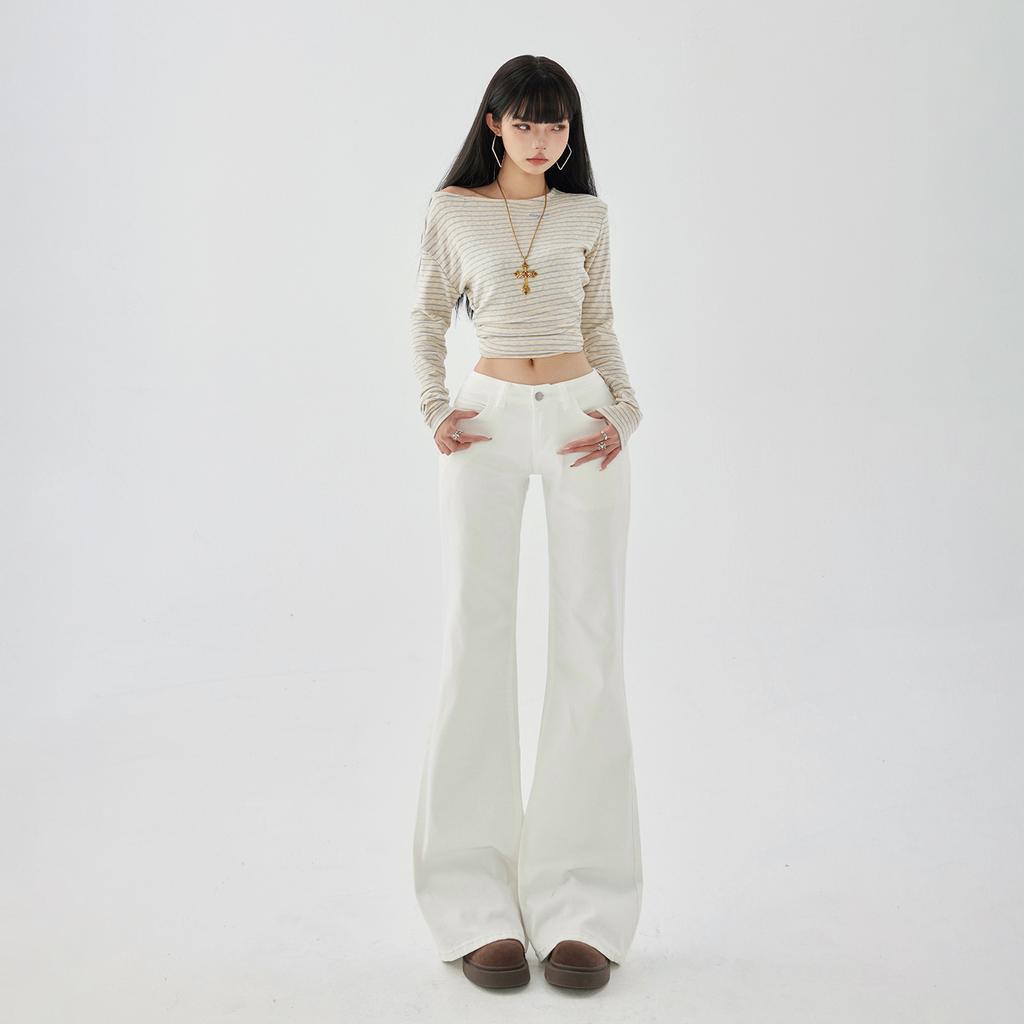 American white low-rise micro-pull jeans women's spring and autumn new Spice Girl slim-fit elastic and thin flared pants