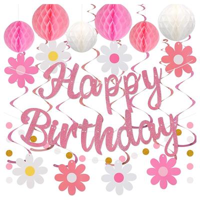 A95I-Pre-Strung Birthday Banner With Honeycomb Ball, For Women Girls Happy Birthday Party Decorations Decoration
