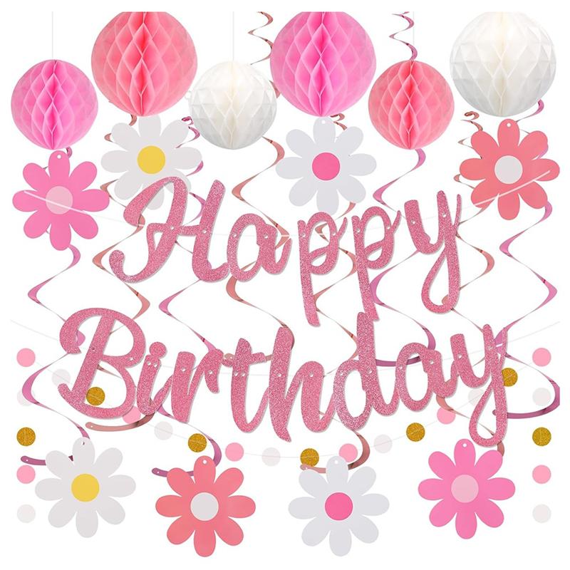 

A95I-Pre-Strung Birthday Banner With Honeycomb Ball, For Women Girls Happy Birthday Party Decorations Decoration