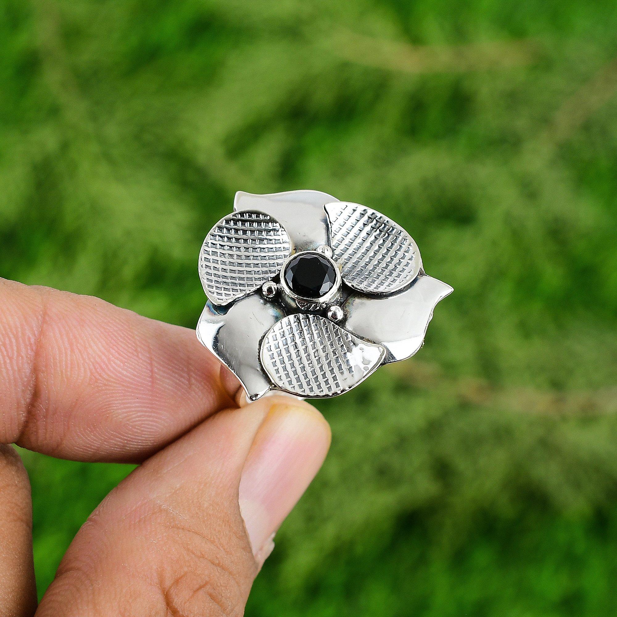 

Gift For Her 925 Silver Natural Black Onyx Promise Flower Adjustable Ring Adjustable