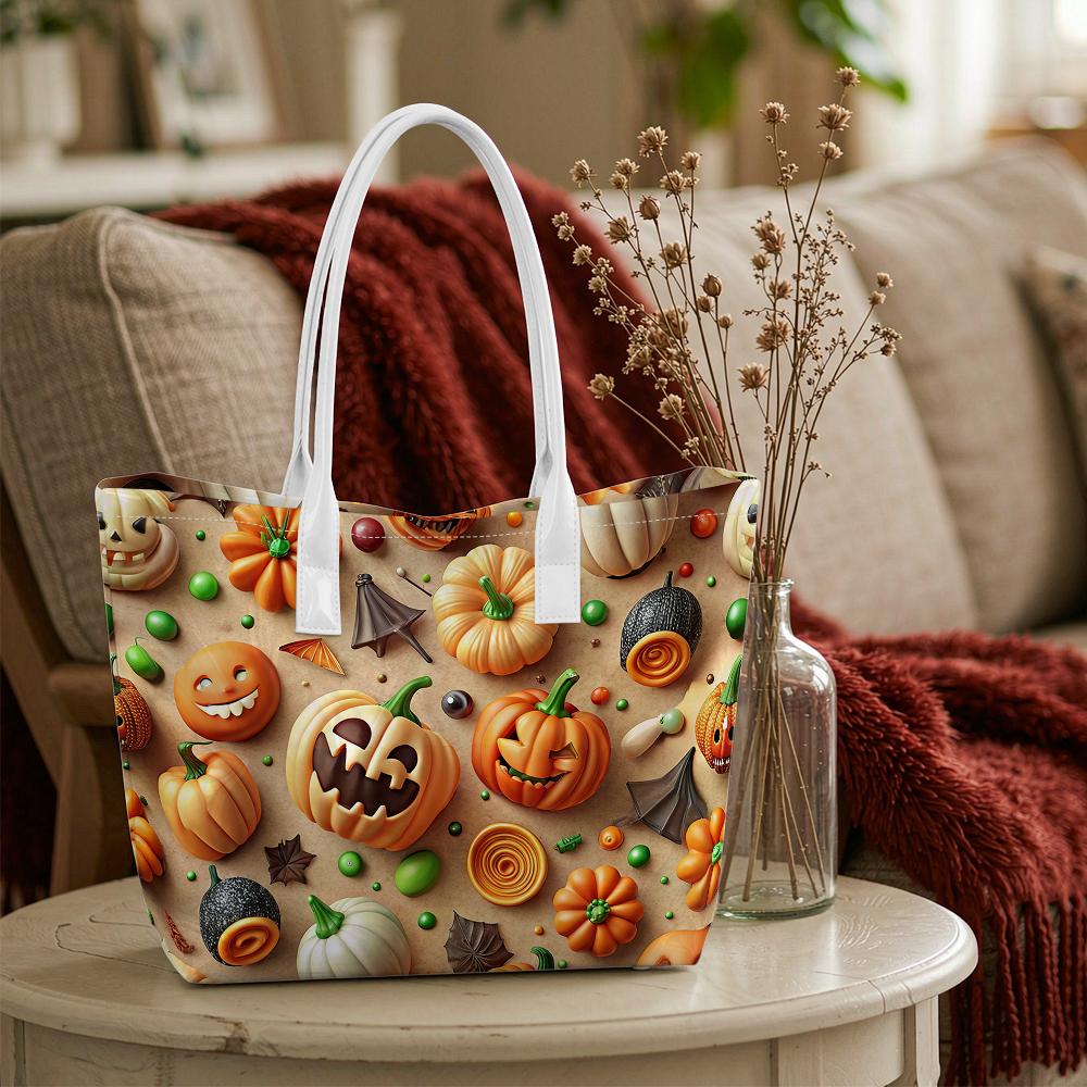 Halloween Pumpkin Printed Tote Bag Large Capacity Portable Handbag for Daily Use and Festivals