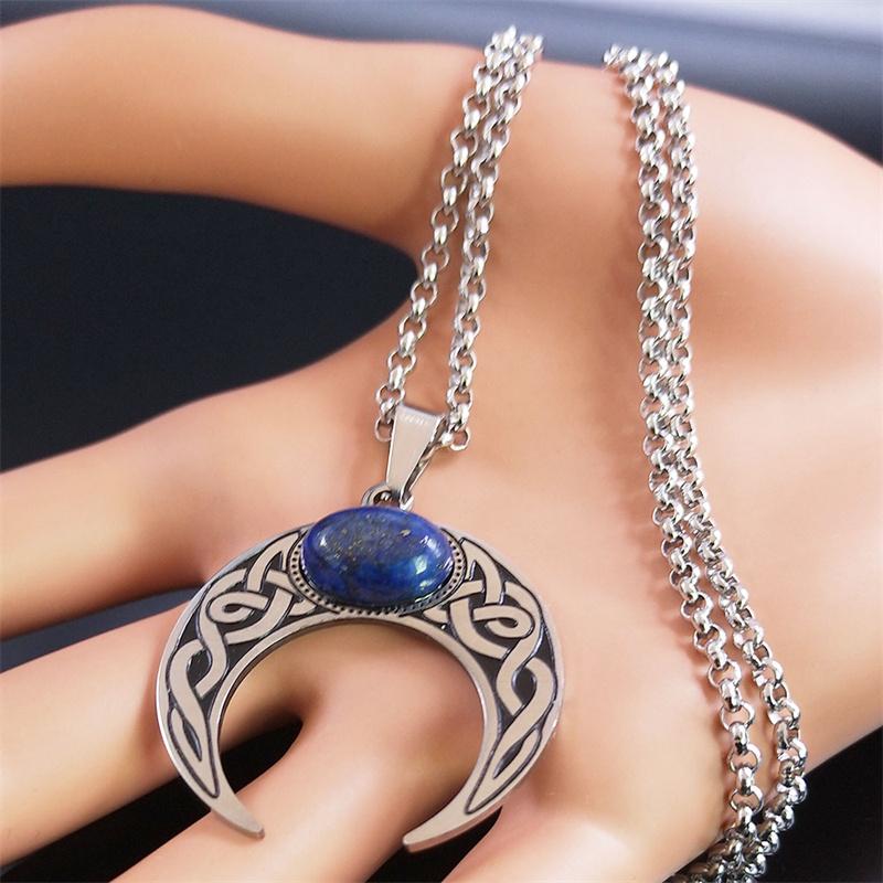 Vintage Crescent Moon Knot Pendant Necklaces for Women Stainless Steel Blue Stone Silver Color Punk Chain Jewelry Collier N7941