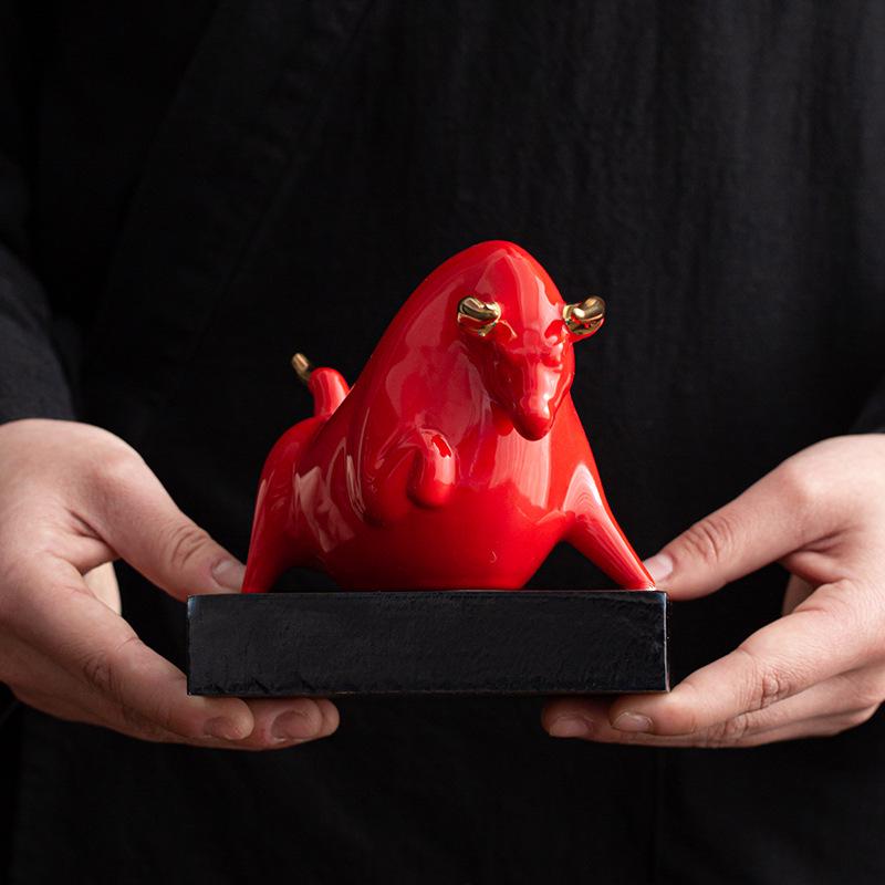 Red Ceramic Ox Figurine: Spirit-Soaring Handicraft for Home or Office Decor